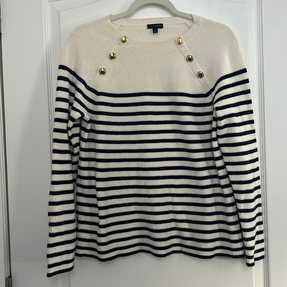 Talbots Pima Cotton Nautical Stripe Sweater Crewneck Pullover Cozy Women's M